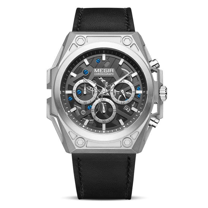 image-Megir 47mm Chronograph Sports Watch - Stainless Steel 50m Waterproof Black Strap