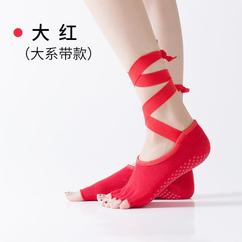 image-Lace-up Five-Finger Yoga Socks - Black Cotton