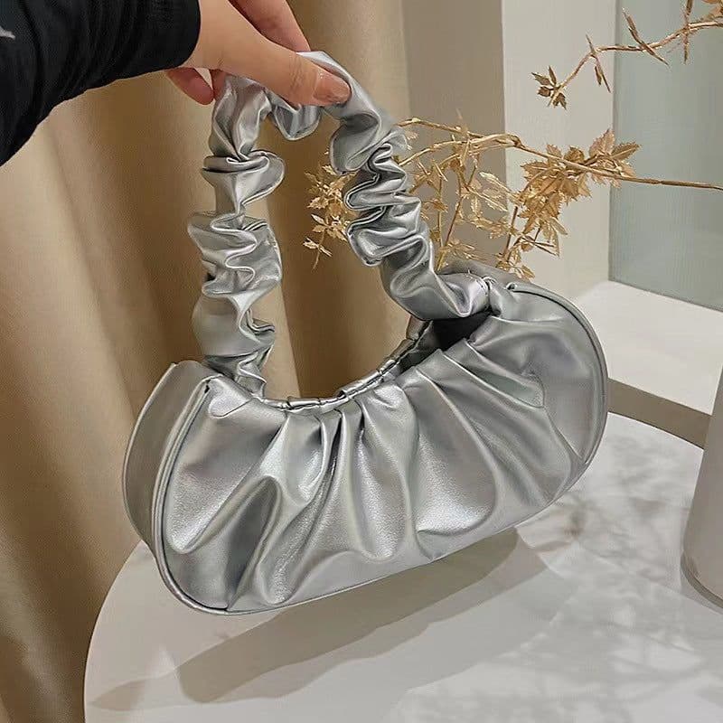 image-Korean Version Women's PU Cloud Pleated Bag - Gold Solid Color