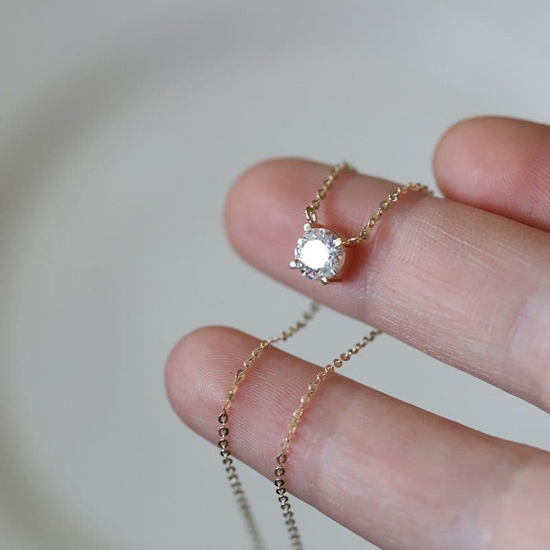 image-Sterling Silver Necklace Plated 14K Gold One Carat Diamond Four Claw Pendant