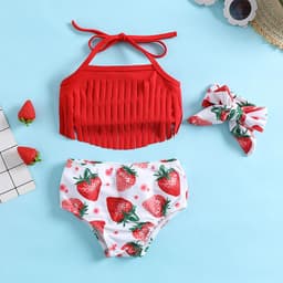 image-Strawberry Print Girl Swimsuit Red Tassel 3-Piece