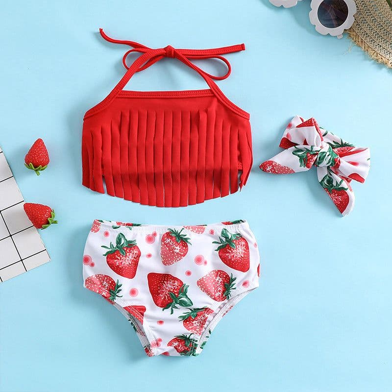 image-Strawberry Print Girl Swimsuit Red Tassel 3-Piece
