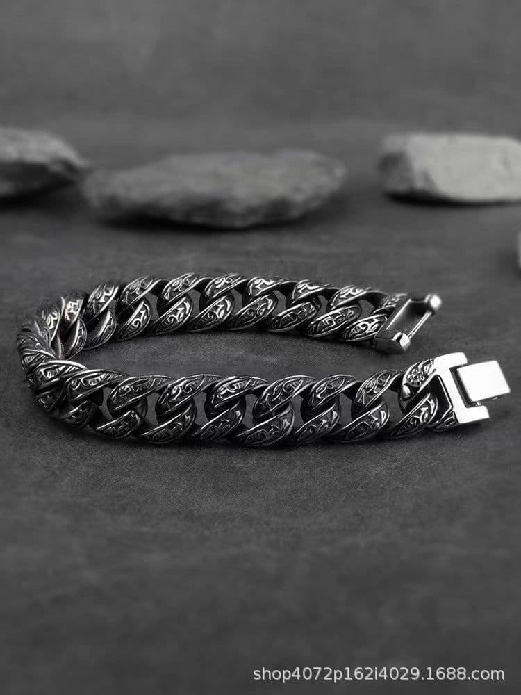 image-Yuanyi Retro Carved Bracelet - Silver Alloy Cuban Chain