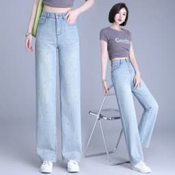 image-Women's High-Waist Slim Jeans - Wide Leg Blue Denim