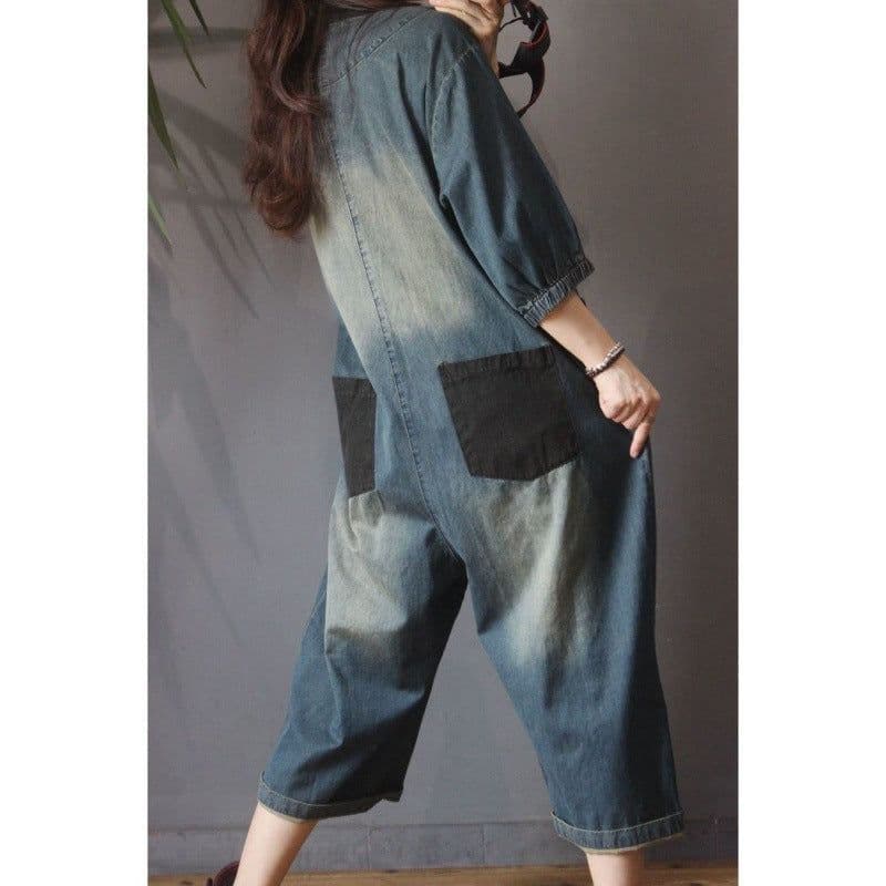 image-Denim Jumpsuit Women's Wide-Leg Cropped - Blue Patch