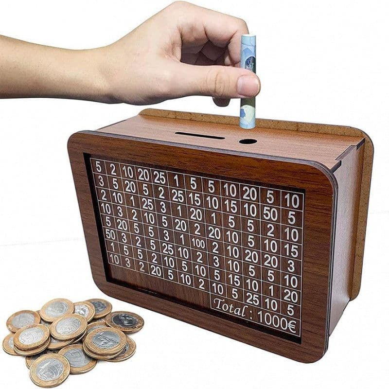 image-Wooden Money Box Counter Piggy Bank Storage