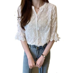 image-Women's 2023 Japanese V-Neck Embroidered Shirt - White, Slim
