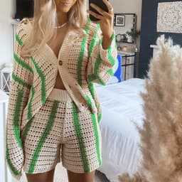 image-Women's Brown Striped Cardigan Set - Long Sleeve