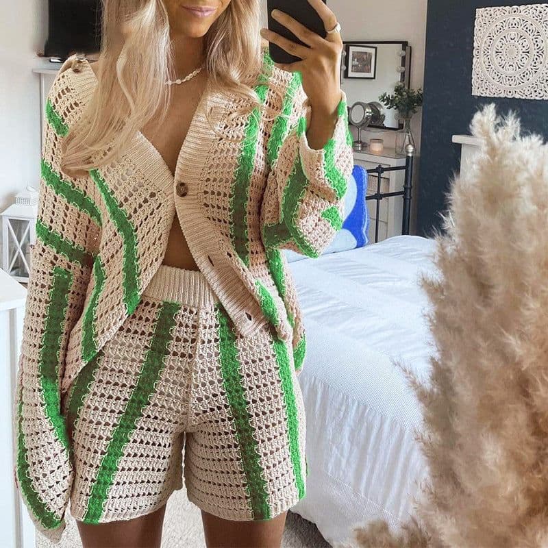 image-Women's Brown Striped Cardigan Set - Long Sleeve