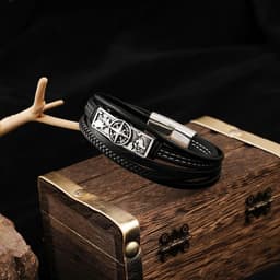 image-Cross-border accessories wholesale European and American simple men's stainless steel leather bracelet hip-hop retro multi-layer braided leather bracelet