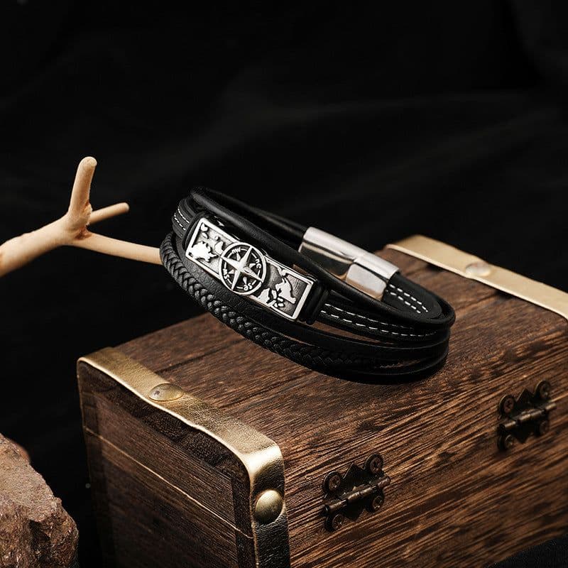 image-Cross-border accessories wholesale European and American simple men's stainless steel leather bracelet hip-hop retro multi-layer braided leather bracelet