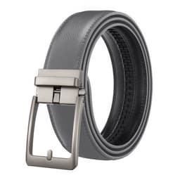 image-Men's Genuine Leather Plaid Snap Belt - Grey, 130cm Automatic Buckle