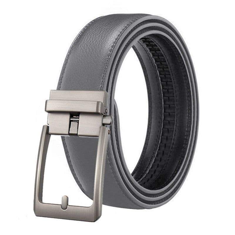 image-Men's Genuine Leather Plaid Snap Belt - Grey, 130cm Automatic Buckle