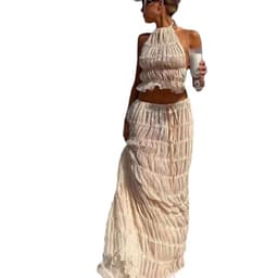 image-2024 summer new European and American cross-border sexy backless halter neck foreign trade pleated lace vest long skirt suit