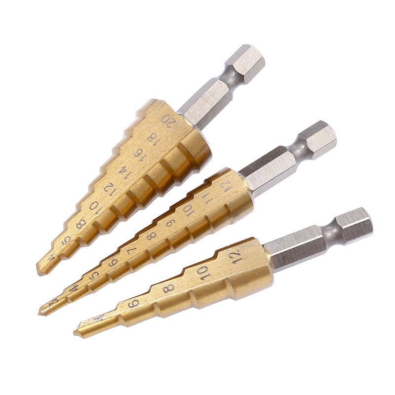 image-Pagoda Hex Shank Step Drill Bit Set Titanium Plated HSS 3Pcs