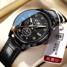 image-POEDAGAR 908 Quartz Men's Leather Waterproof Watch, 40mm