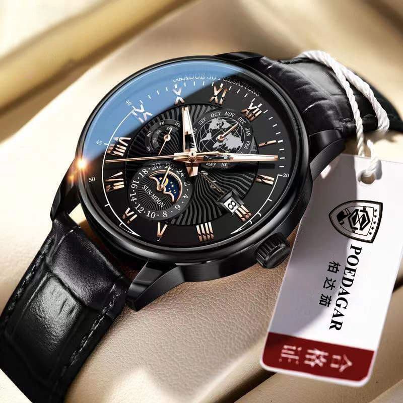 image-POEDAGAR 908 Quartz Men's Leather Waterproof Watch, 40mm