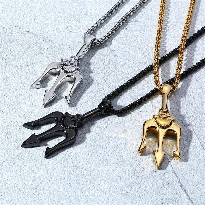 image-Stainless Steel Trident Pendant Men's Necklace Gold 60cm Titanium Steel Jewelry