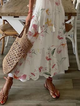 image-2022 Women's Floral V-neck Printed Dress - White 3XL