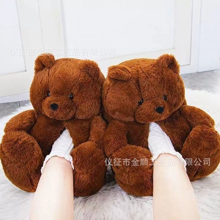 image-Cartoon Bear Plush Slippers - Large, South Korean Velvet, Dark Teddy Bear Shoes
