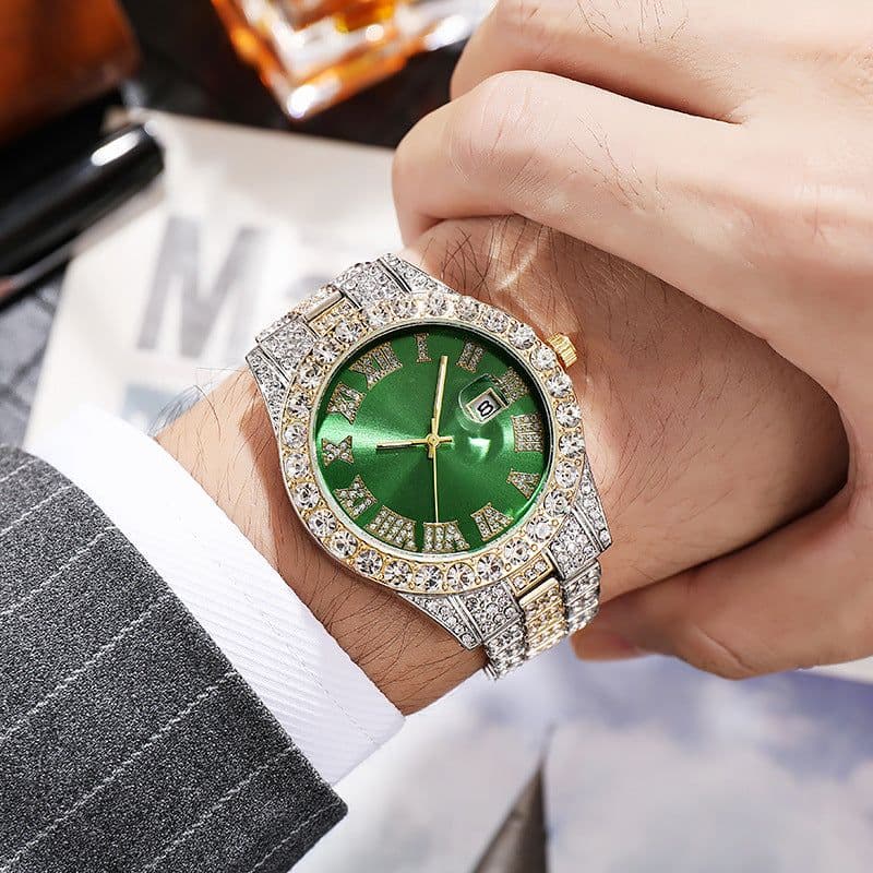 image-Hiphop watch European and American hot style men's steel belt hip-hop Roman scale diamond calendar men's quartz watch