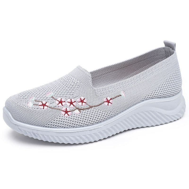 image-Women's Embroidered Sports Shoes - Lightweight, Pink/Black/Gray, Flat Heel