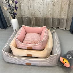 image-Square Kennel Pet Cushion Mat - Washable, Breathable, Cotton & Linen, Gray/Pink