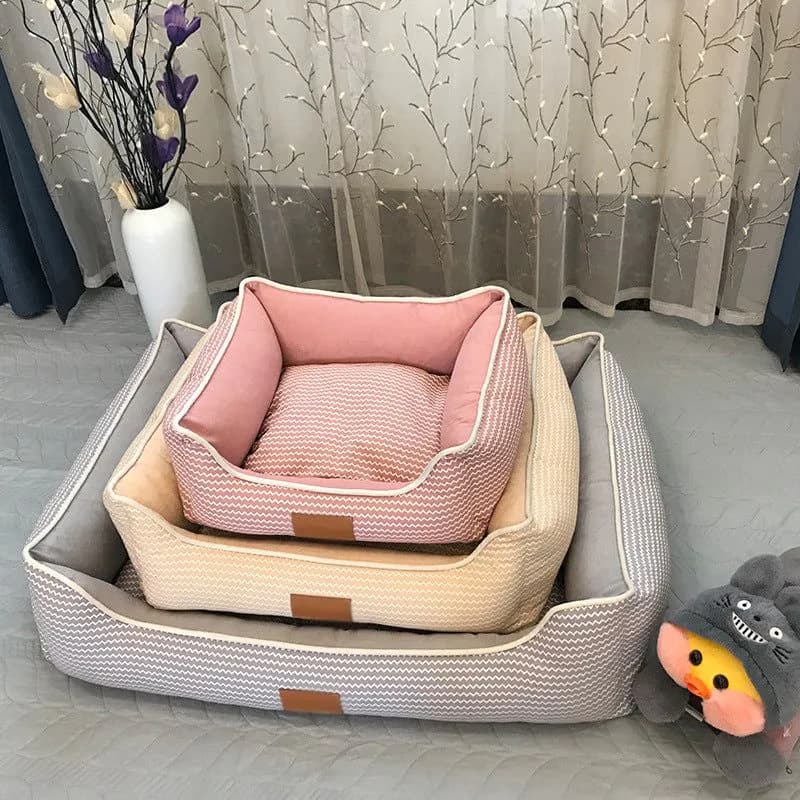 image-Square Kennel Pet Cushion Mat - Washable, Breathable, Cotton & Linen, Gray/Pink