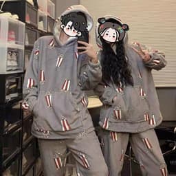 image-Coral Fleece Popcorn Print Pajama Set - Hooded Loungewear