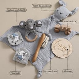 image-Newborn Infant Bath Towel Rattle Gift Set - Wooden Crochet Rattle