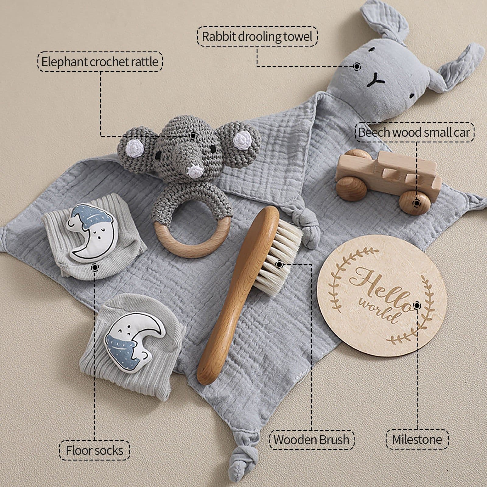 image-Newborn Infant Bath Towel Rattle Gift Set - Wooden Crochet Rattle