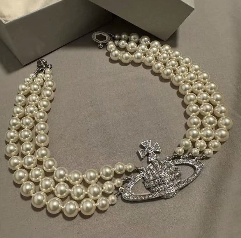 image-Saturn Pearl Necklace - Yellow Gold 3-Layer Women's