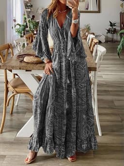 image-Bohemian V-Neck Trumpet Sleeve Holiday Dress Floral Long Skirt - 2023