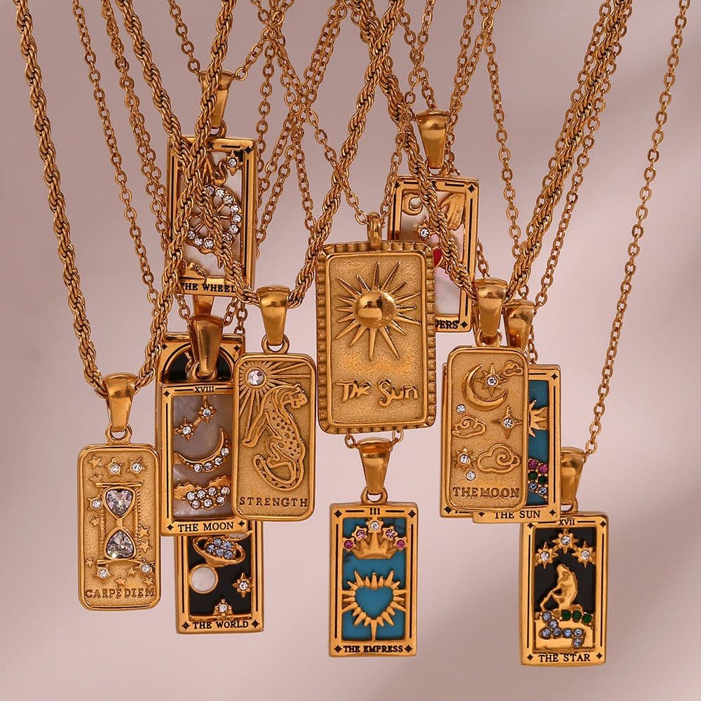 image-European and American ins fashion retro popular hot selling pendant jewelry stainless steel rectangular zircon tarot necklace