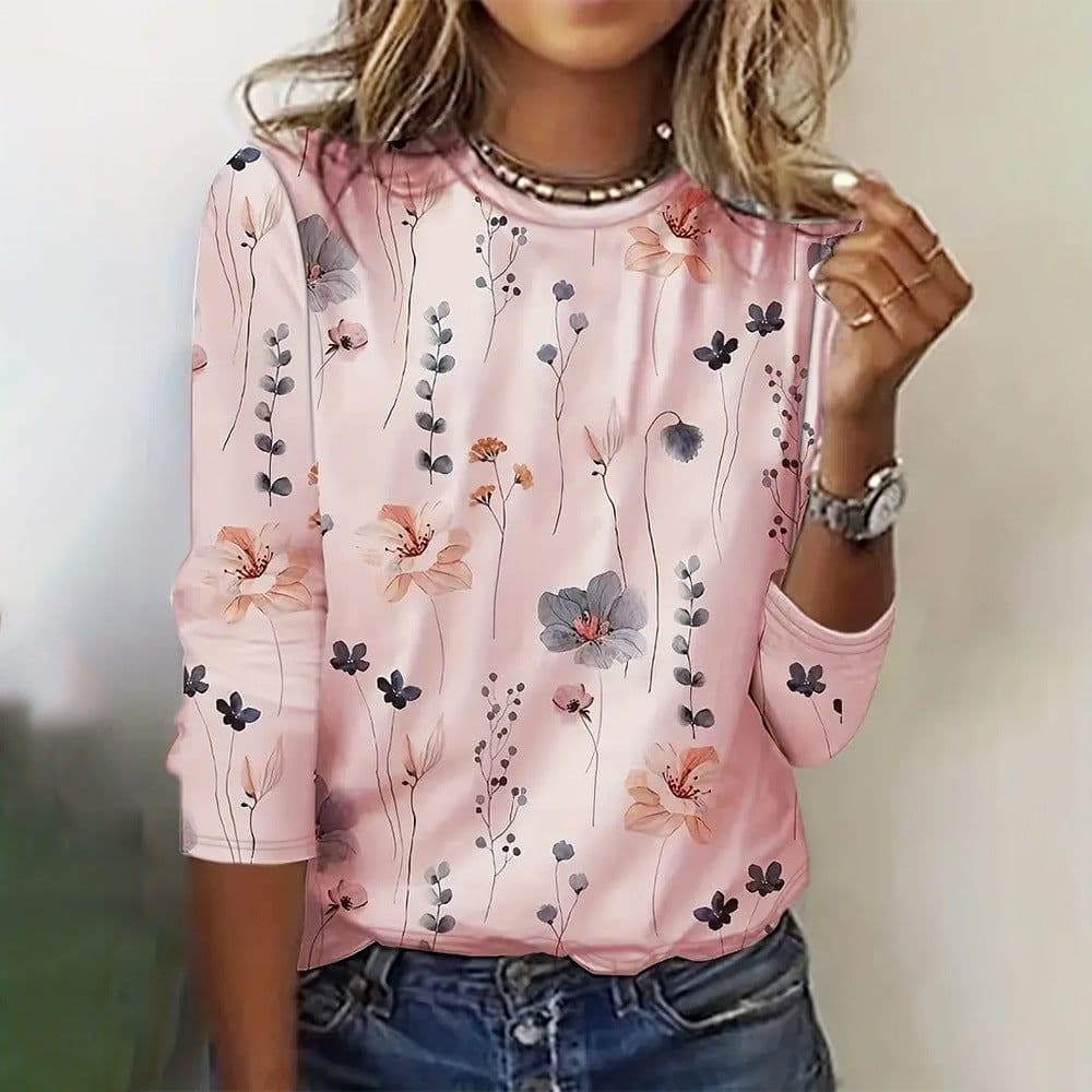 image-Juya 3D Floral Print Long-Sleeve T-Shirt - 6XL Women's Western Style