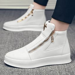 image-Men's White PU Leather Mid-Top Sneakers - Casual