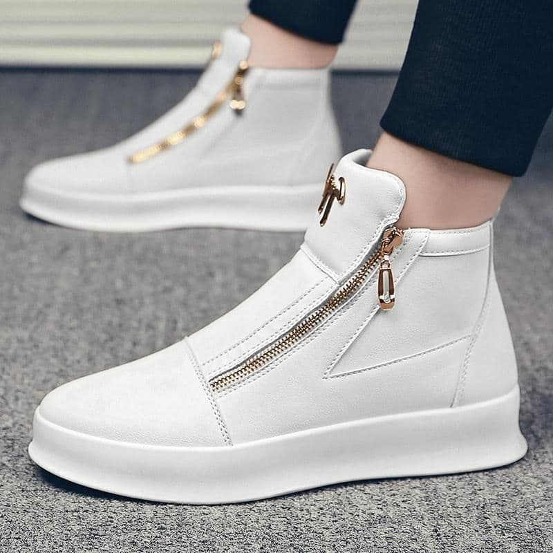 image-Men's White PU Leather Mid-Top Sneakers - Casual