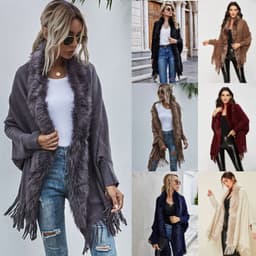 image-Dark Blue Cardigan Sweater Women Fur Collar