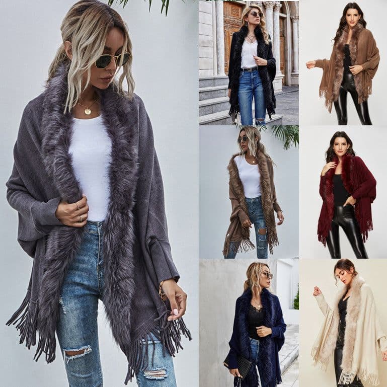 image-Dark Blue Cardigan Sweater Women Fur Collar