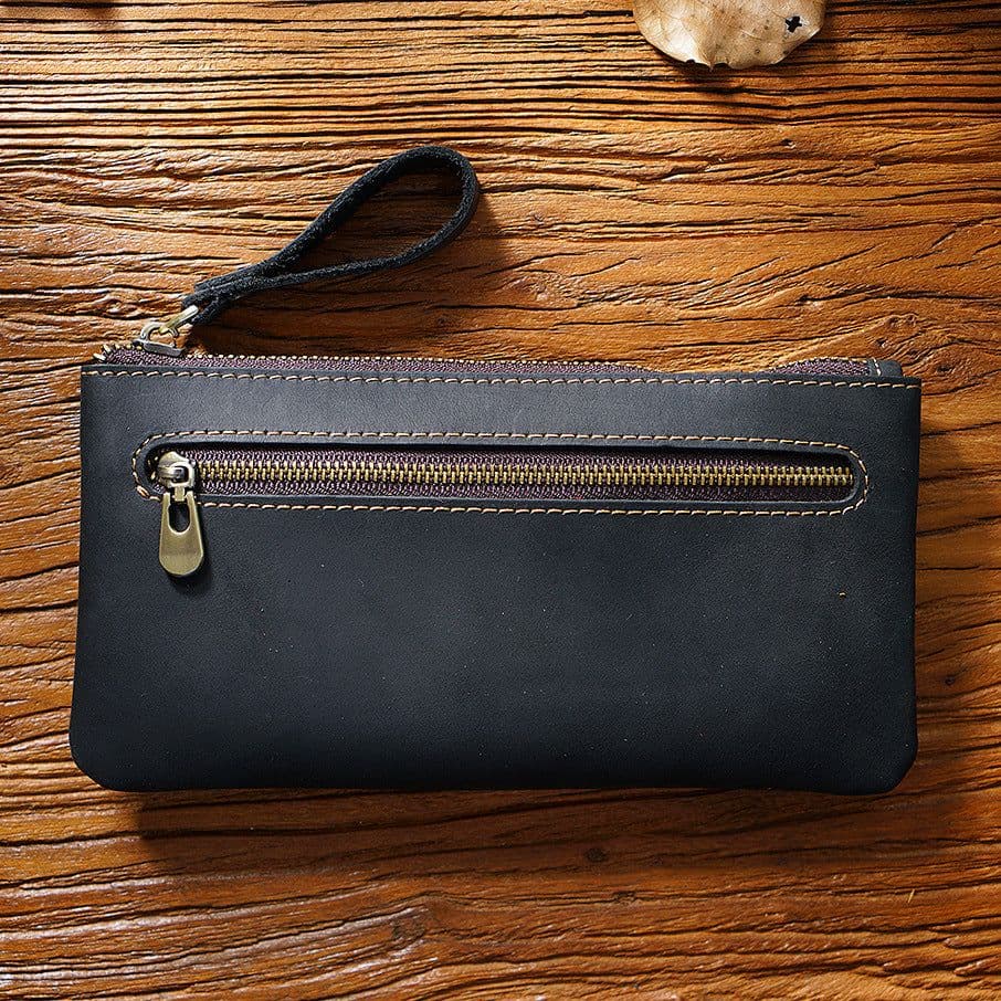 image-Retro Crazy Horse Leather Zipper Pen Bag Large Capacity Portable --- (57 characters)