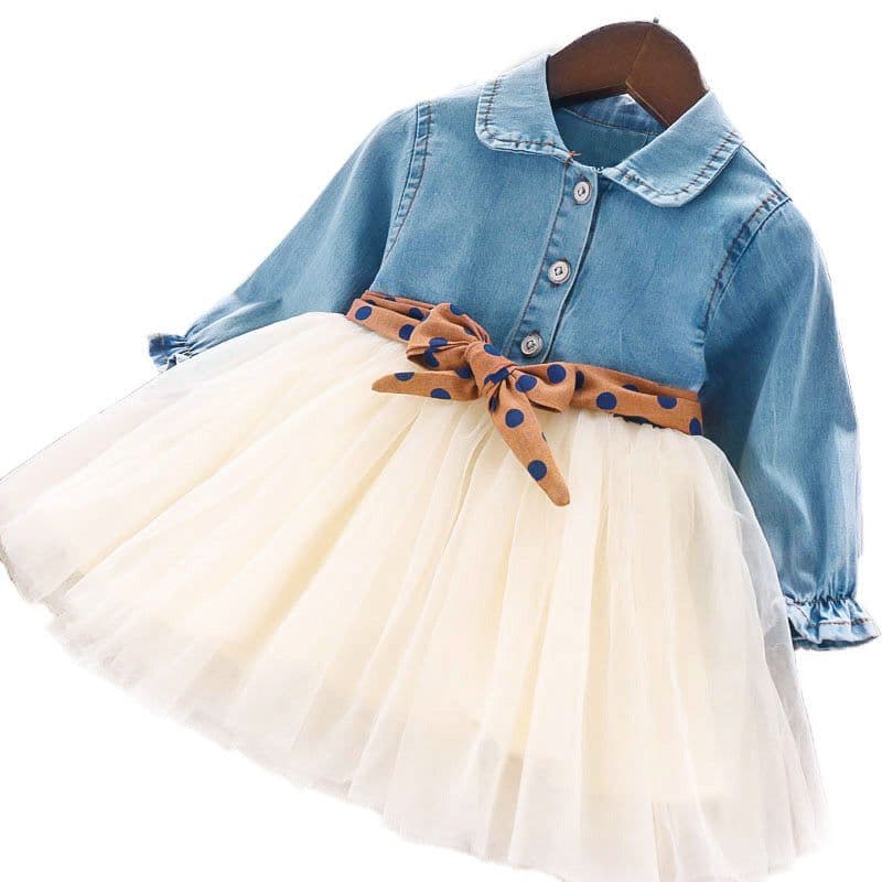 image-Girls Long-Sleeve Denim Dress with Polka Dot Belt