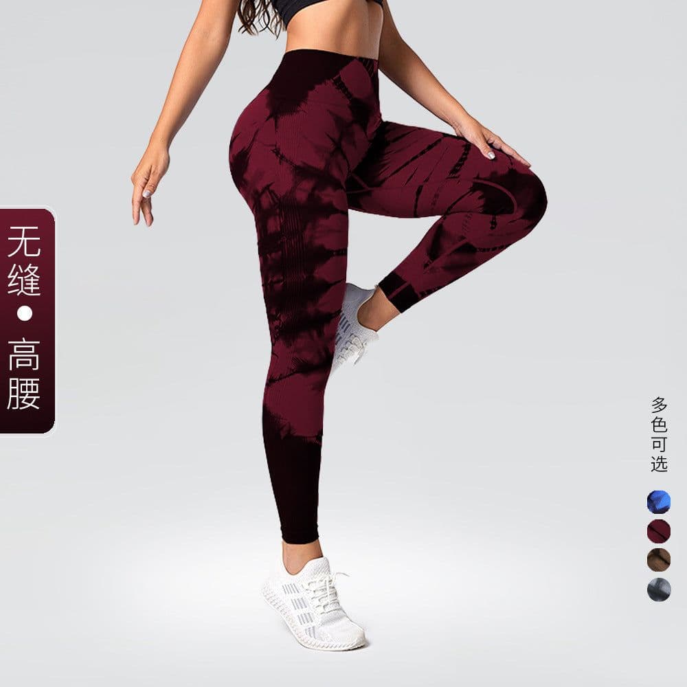 image-High Waist Peach Yoga Pants - Tie-Dye Seamless Fitness Leggings