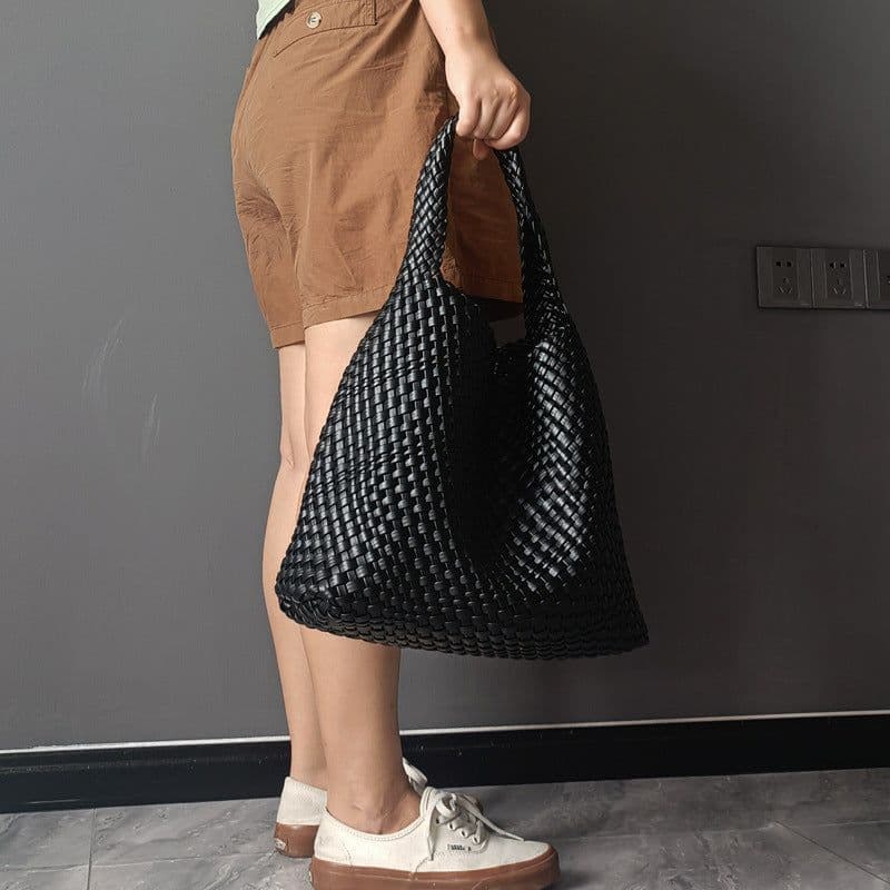 image-Woven Bucket Bag - Black Vegan Leather Large