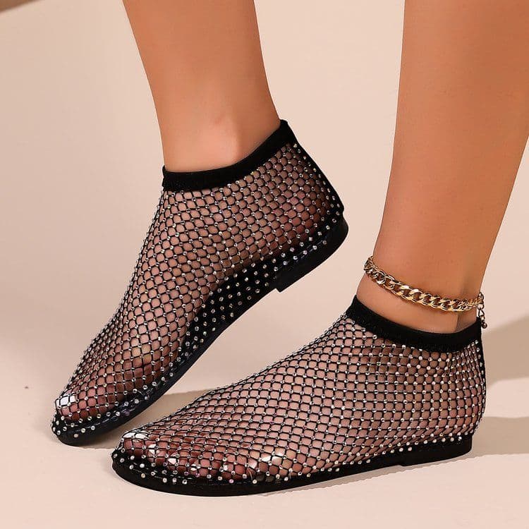 image-Large Size Women's Sandals 2023 Gold Hollow Low Heel Fishnet Flats