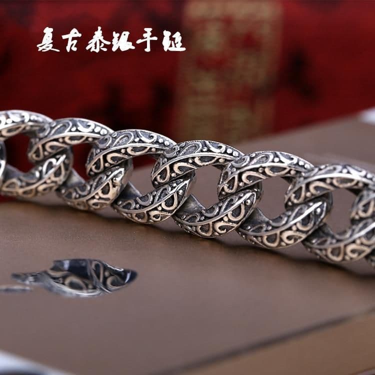 image-Retro Thai silver bracelet 925 silver auspicious rattan bolt bracelet hollow carved men's fashion domineering jewelry personality