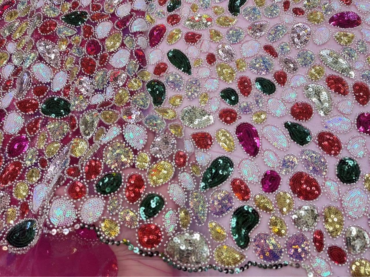 image-Sequin Embroidered Fabric 130cm - Floral Pattern Flesh Color