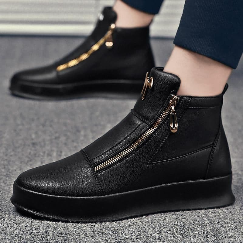 image-Men's White PU Leather Mid-Top Sneakers - Casual