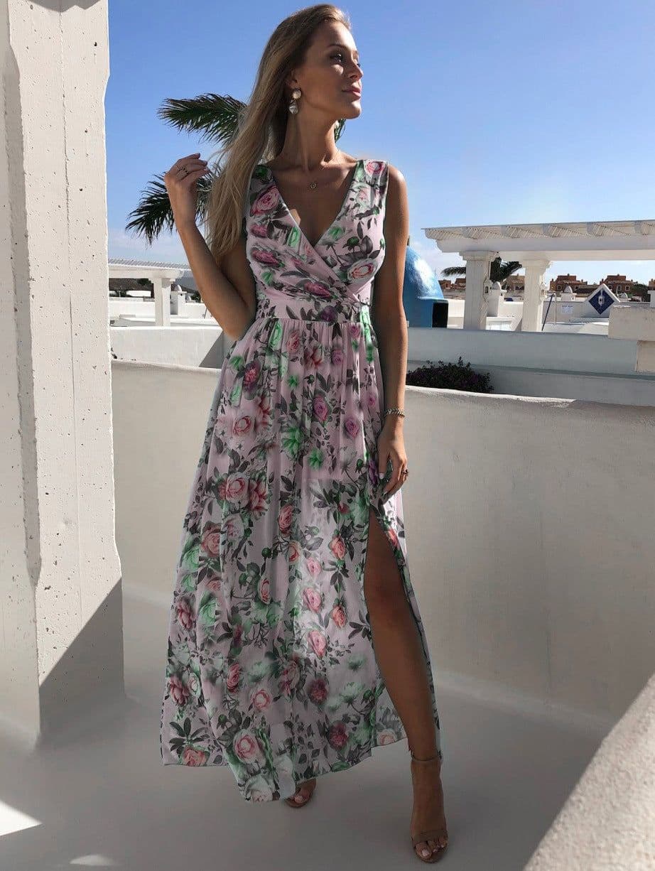 image-2023 new spring and summer ebay European and American foreign trade printed chiffon dress sleeveless holiday beach slit long skirt