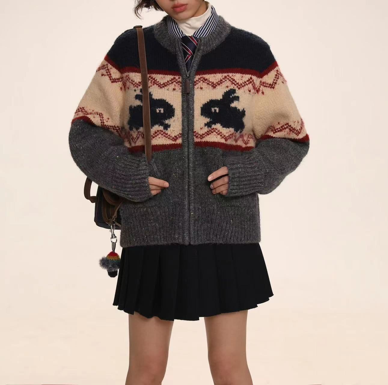 image-Moromoro Rabbit Jacquard Cardigan - Yellow L