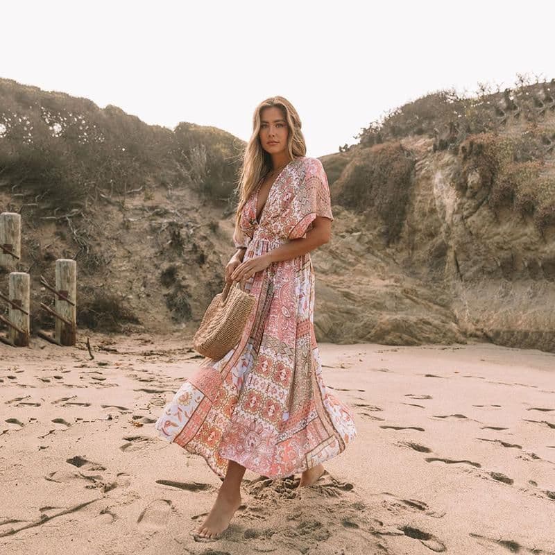 image-2022 Bohemian Printed Beach Dress Women